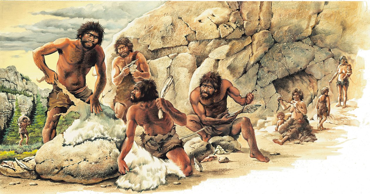 Esihistoria Paleoliittinen kausi: Metsästäjät käyttävät tapettujen petojen nahkaa ja valmistavat työkaluja ja aseita (keihäs). tekijältä Artist Unknown