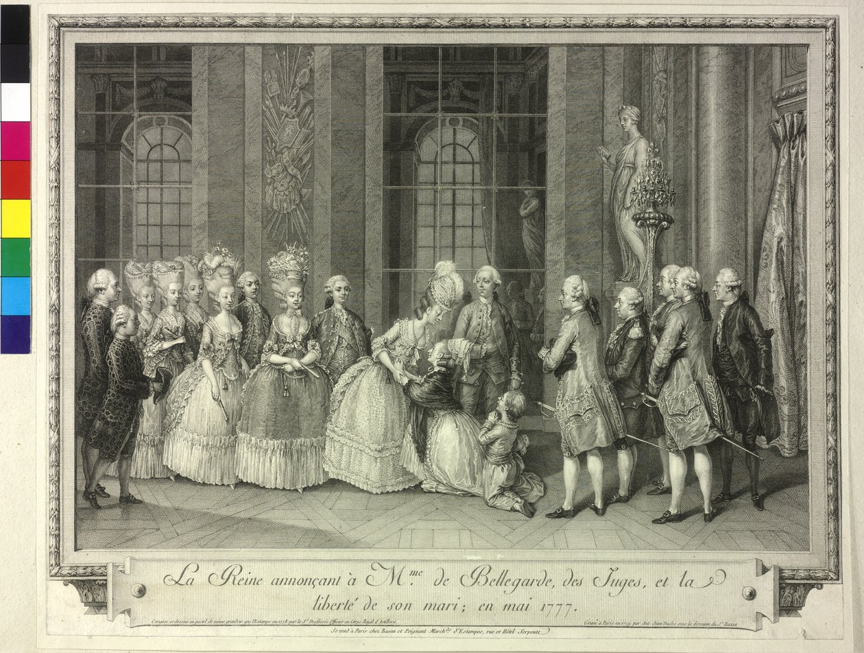 Kuningatar Marie Antoinette ilmoittaa Madame de Bellegardelle 1777 puolisonsa vapauttamisesta. tekijältä Artist Unknown
