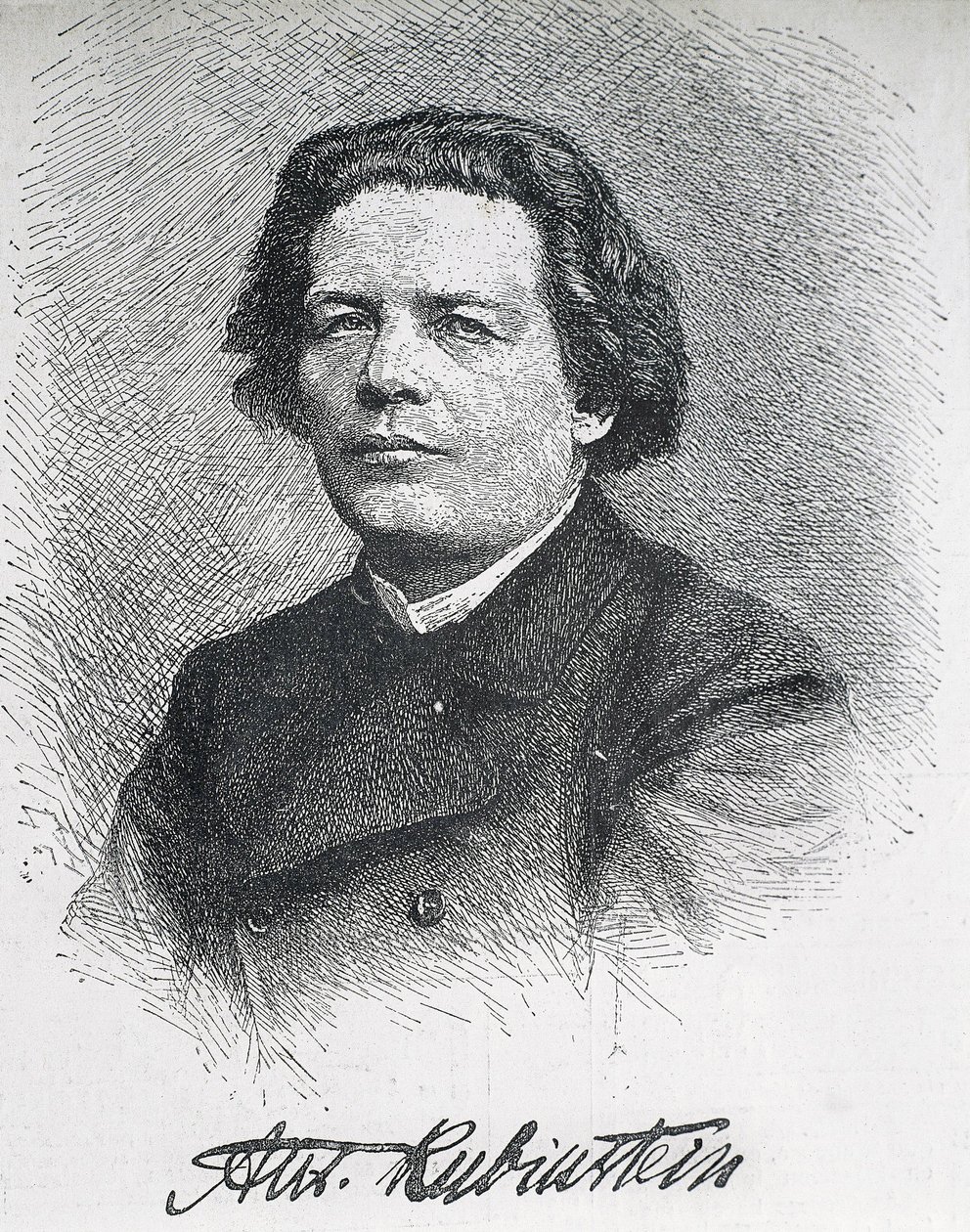 RUBINSTEIN, Anton Grigorjevitš (1829-1894). Venäläinen säveltäjä ja pianisti. Anton Rubinsteinin signeerattu muotokuva. Kaiverrus. tekijältä Artist Unknown