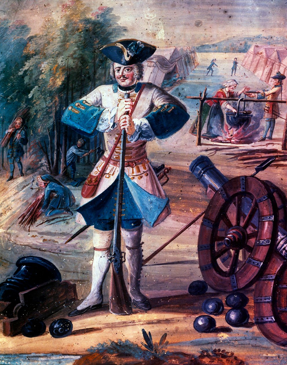 Kuningas Ludvig XV:n (1723-1774) rykmenttiin kuuluvan jalkaväen krenatöörin kuvaus, noin 1740, yksityiskohta, noin 1740 (öljy kankaalle). tekijältä Artist Unknown