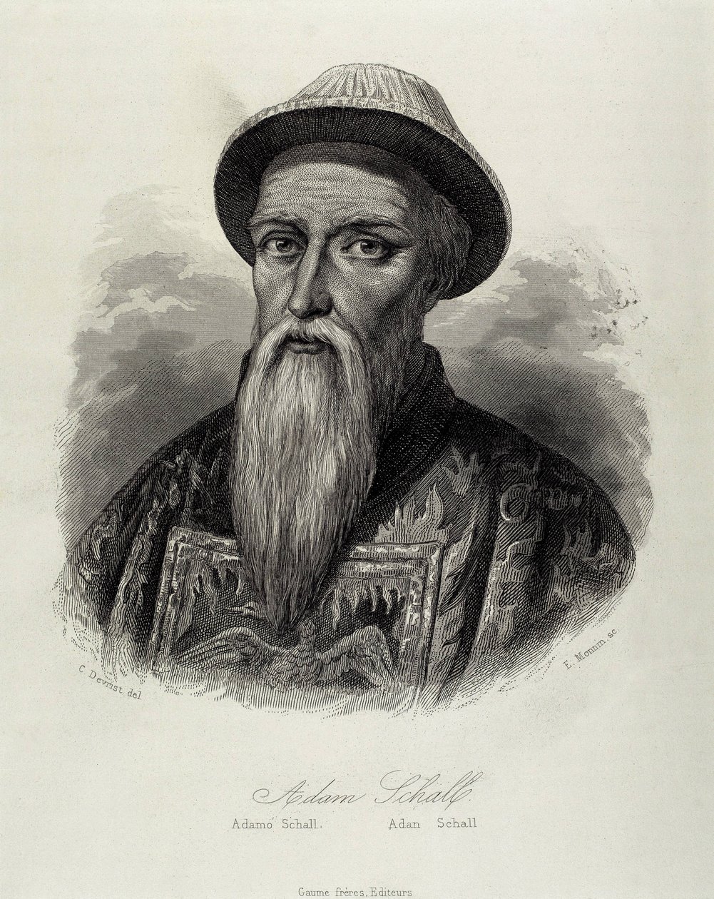 SCHALL VON BELL, Adam (1591-1661). Saksalainen jesuiitta ja tähtitieteilijä. Hän vietti suurimman osan elämästään lähetyssaarnaajana Kiinassa ja hänestä tuli Qing-dynastian Shunzhi-keisarin neuvonantaja. Kaiverrus. tekijältä Artist Unknown