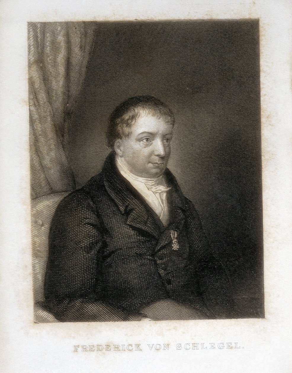 SCHLEGEL, Friedrich von (1772-1829). Saksalainen runoilija, kriitikko ja tutkija. Saksalaisen romantiikan kriittinen johtaja. Kaiverrus. tekijältä Artist Unknown