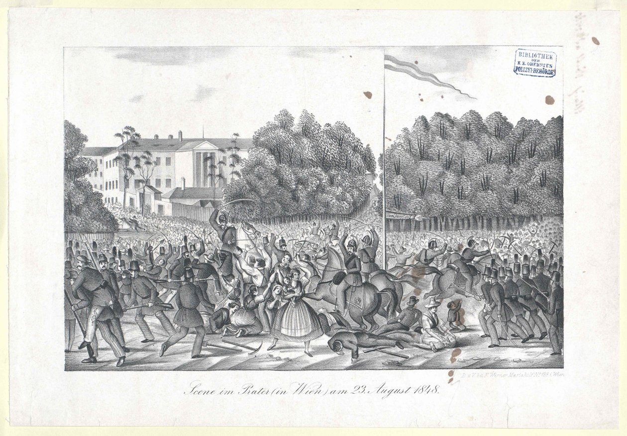 Kohtaus Praterissa (Wienissä) klo 23. Elokuu 1848 tekijältä Artist Unknown