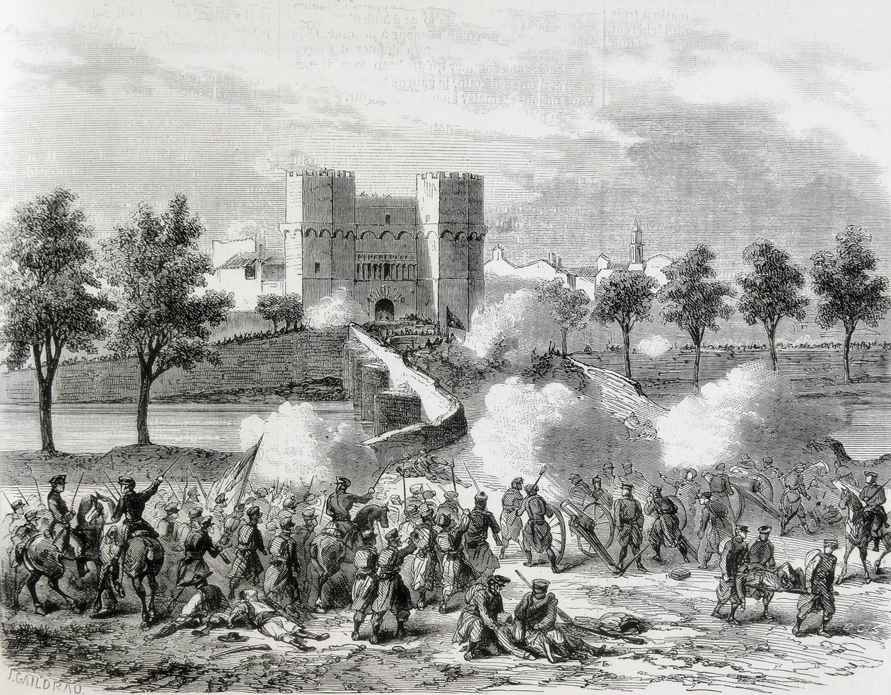Espanja (1868). Loistelias vallankumous. Hallituksen joukkojen hyökkäys Serransin portilla Valenciassa. Kaiverrus teoksesta "Kuvitus. Jorinal Universal". Etsaus tekijältä Artist Unknown