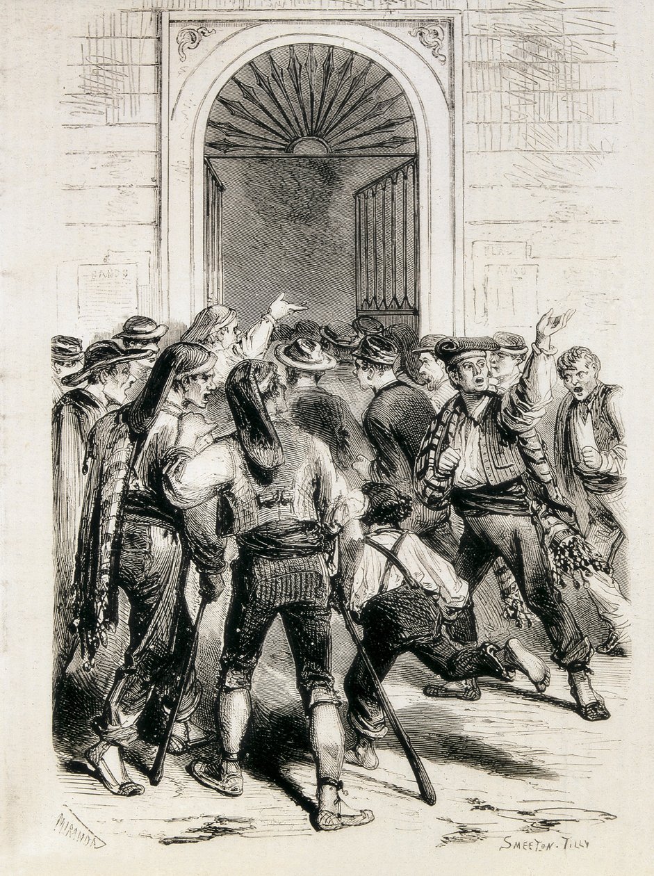 Espanja (1873). Ensimmäisen tasavallan julistaminen ja Barcelonan kaupungintalon rynnäkkö (11. helmikuuta 1873). Etsaus. tekijältä Artist Unknown