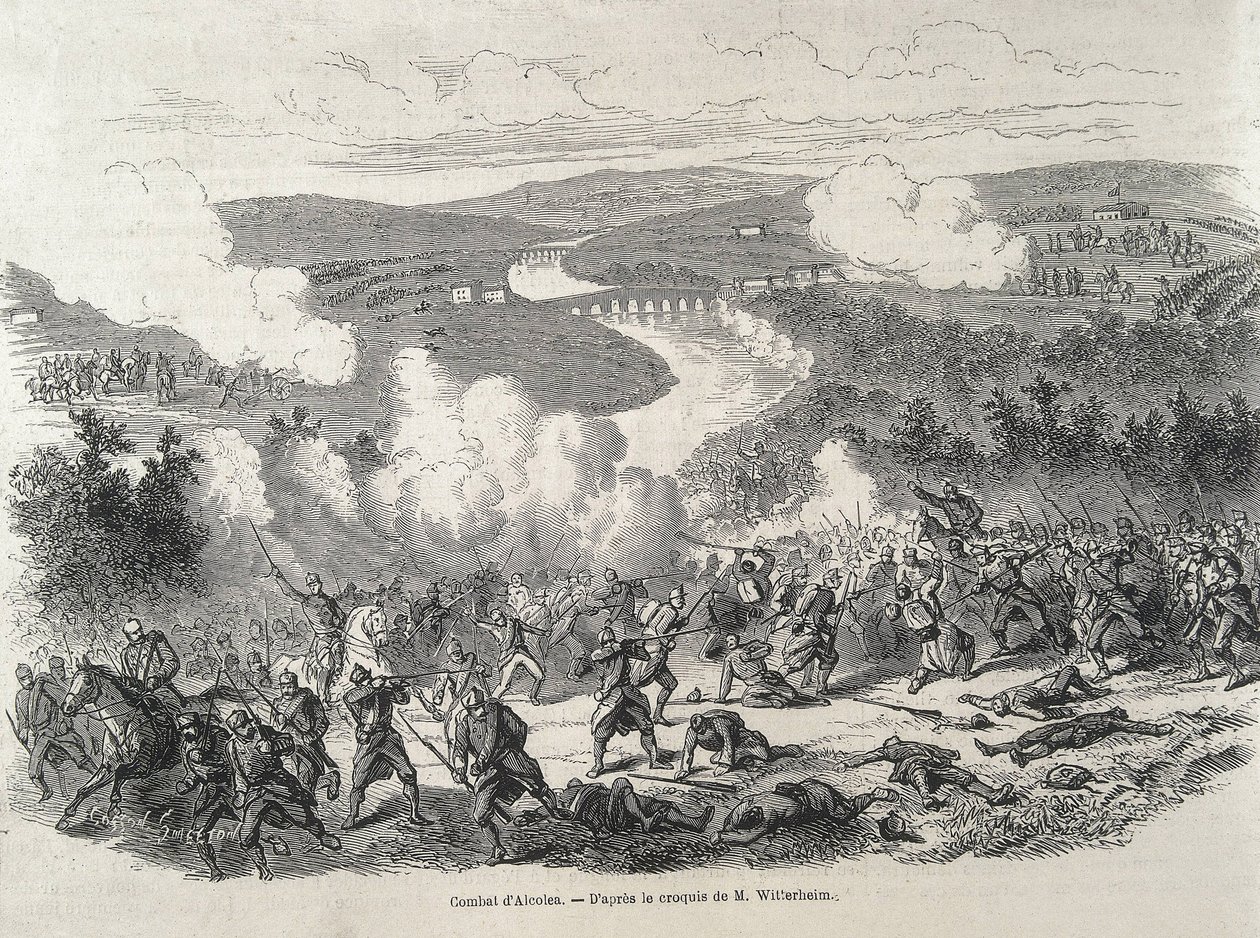 Espanja. Vuoden 1868 vallankumous. Alcolean taistelu (20. syyskuuta), joka johti Isabel II:n syrjäyttämiseen. Kaiverrus tekijältä Artist Unknown