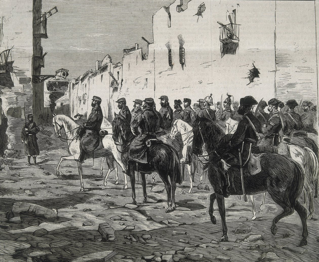 Espanja. Ensimmäinen tasavalta (1873-1874). Cartagenan kantoni. Kenraali Jose Lopez Dominguez Cartagenassa kantonistien antautumisen jälkeen. Kuva julkaistu julkaisussa "La Ilustracion Espanola y Americana". Etsaus. tekijältä Artist Unknown