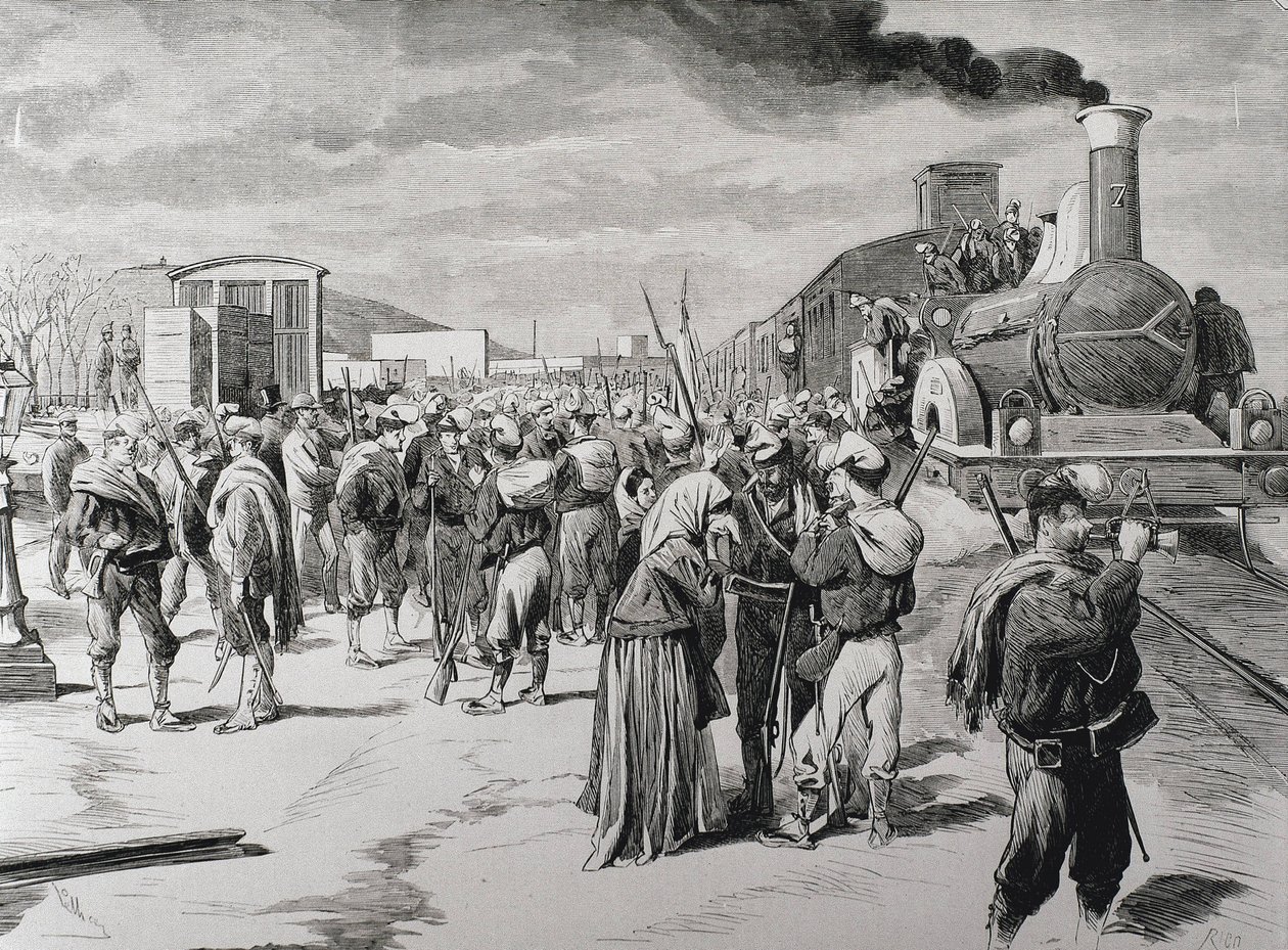 Espanja. Kolmas karlistien sota. Vapaajoukkojen pataljoonan lähtö Barcelonasta karlisteja vastaan. Kuva julkaisusta "La Ilustracion espanola y americana" (8. huhtikuuta 1873). Kaiverrus tekijältä Artist Unknown