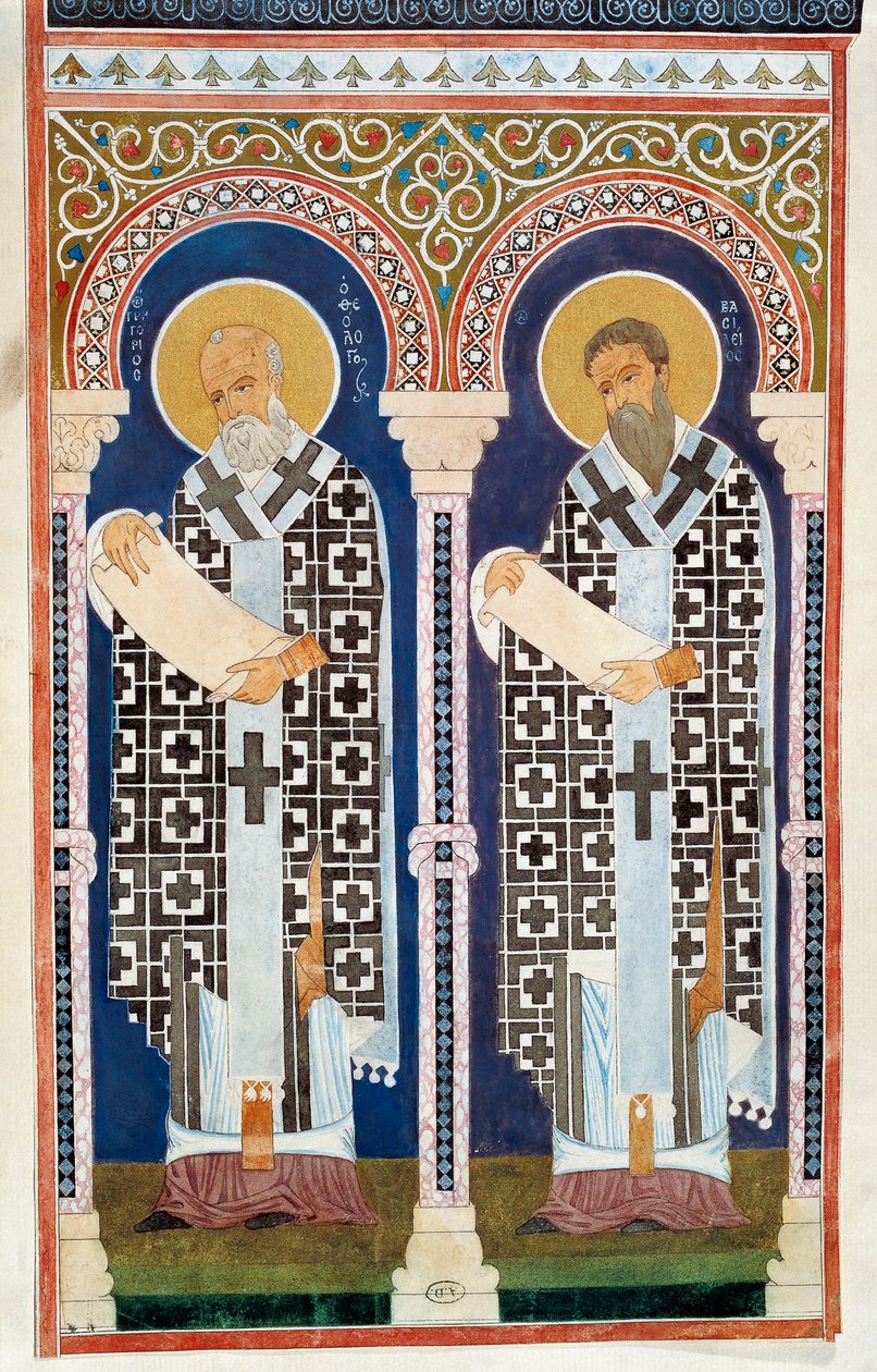 Pyhä Gregorius Nyssalainen ja Pyhä Basileios Suuri, kreikkalaisen ortodoksisen kirkon isät, kaiverrus, 4. vuosisata tekijältä Artist Unknown