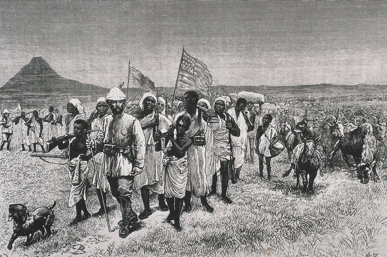 Stanley, Sir Henry Morton (1841-1904). "Through the Ounyoro", kuvitus teoksen "Through the Dark Continent" ranskalaiseen painokseen. Etsaus. RANSKA. ILE-DE-FRANCE. Pariisi. Taidekoristeiden kirjasto tekijältä Artist Unknown