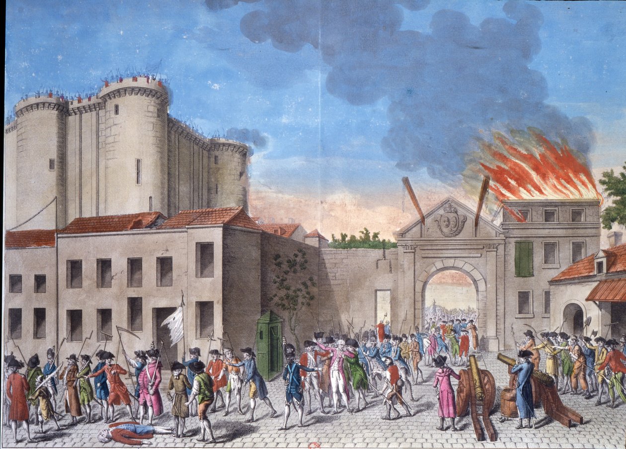 Väkijoukko rynnäköi Bastiljiin 14. heinäkuuta 1789 Ranskan vallankumouksen aikana. tekijältä Artist Unknown