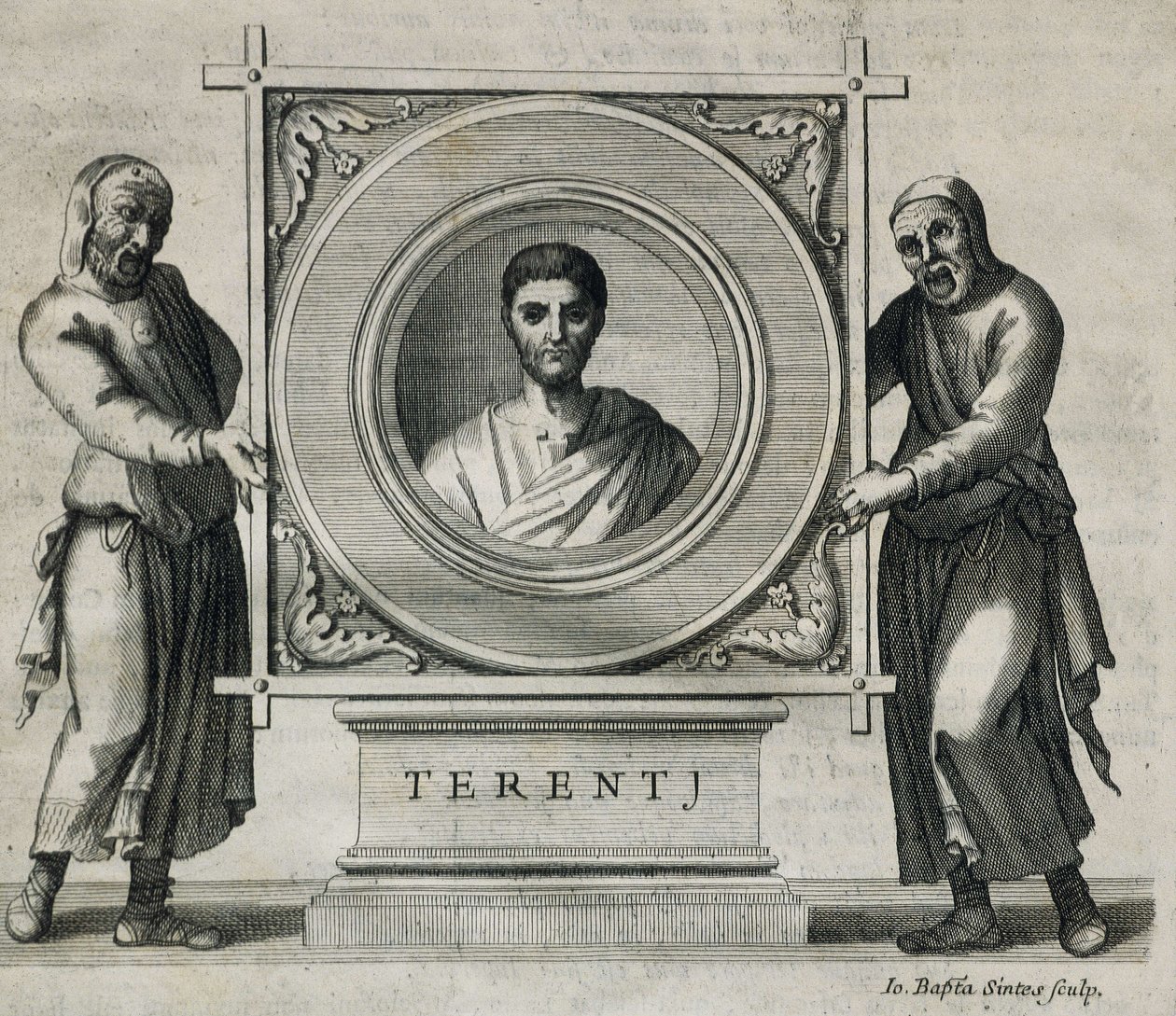 TERENCE, Publius Terentius Afer (190-154 eKr.). Näytelmäkirjailija Rooman tasavallan aikana. Kaiverrus. 1736. Kaiverrus tekijältä Artist Unknown