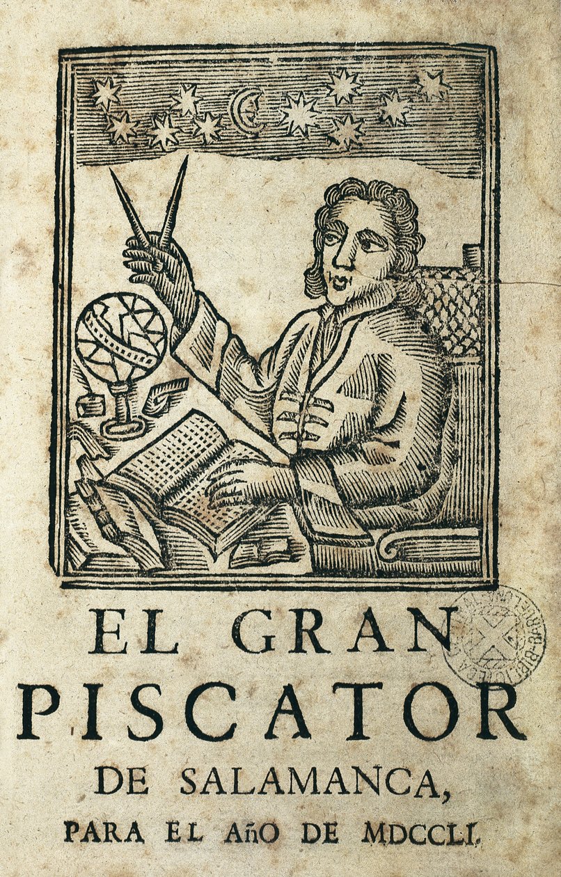TORRES VILLARROEL, Diego de (1693-1770). Espanjalainen kirjailija, runoilija, dramaatikko, astrologi, lääkäri, matemaatikko, pappi ja Salamancan yliopiston professori. "El Gran Piscator de Salamanca para el ano de MDCCLI" -kirjan kansi. Almanakka ja vuosit tekijältä Artist Unknown