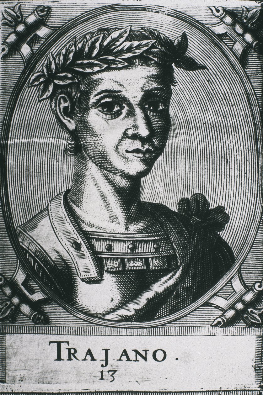 TRAJAN, Marcus Ulpius Traianus (53-117). Trajanuksen muotokuva laakerinlehtien kanssa. Yksityiskohta alkuperäisestä kaiverruksesta. Kaiverrus. tekijältä Artist Unknown