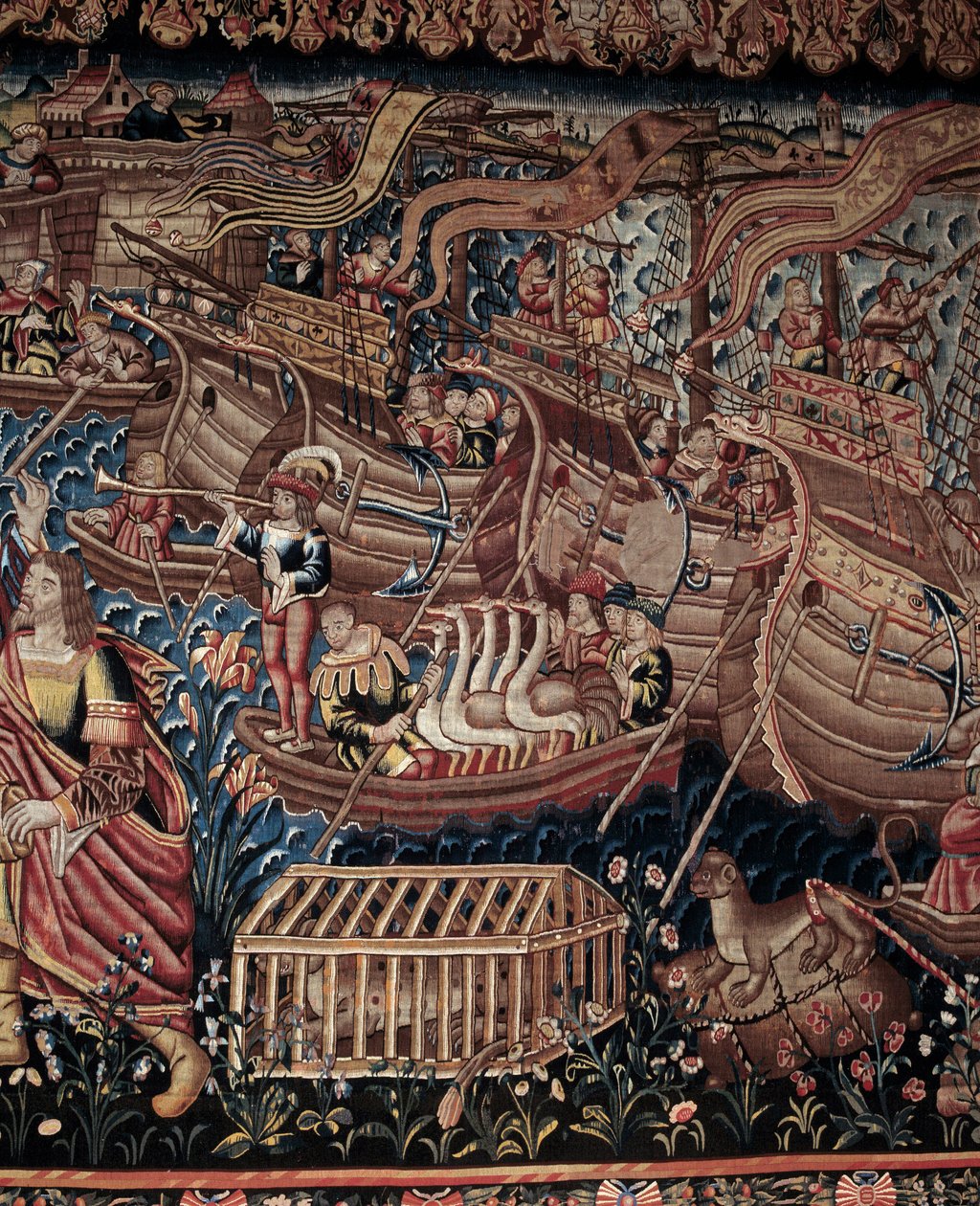 Portugalilainen merenkulkija Vasco de Gama (1459-1524) saapui Intian Calicutiin vuonna 1498, yksityiskohta, kuvakudos. tekijältä Artist Unknown