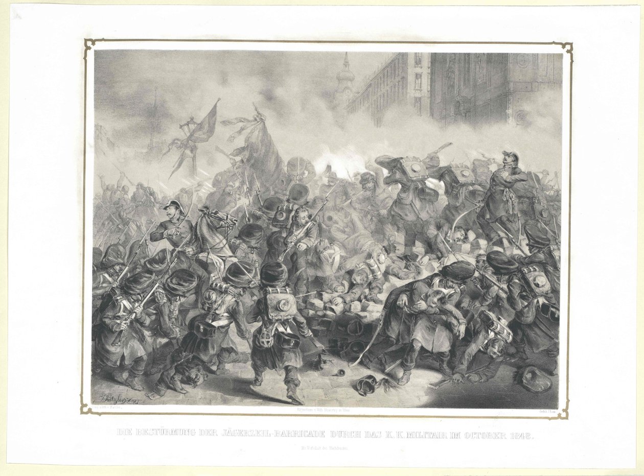 K. k. sotilaiden hyökkäys Jaegerzeil-barrikadille lokakuussa 1848. tekijältä Artist Unknown