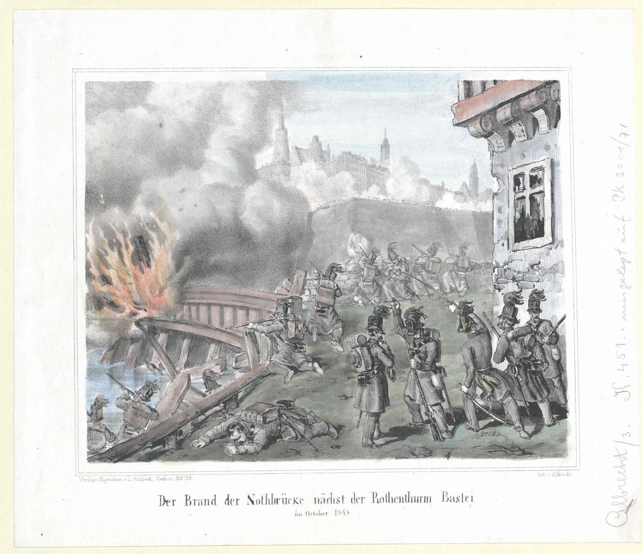 Rothenthurmin bastionin lähellä sijaitsevan Nothbruecken palo lokakuussa 1848. tekijältä Artist Unknown