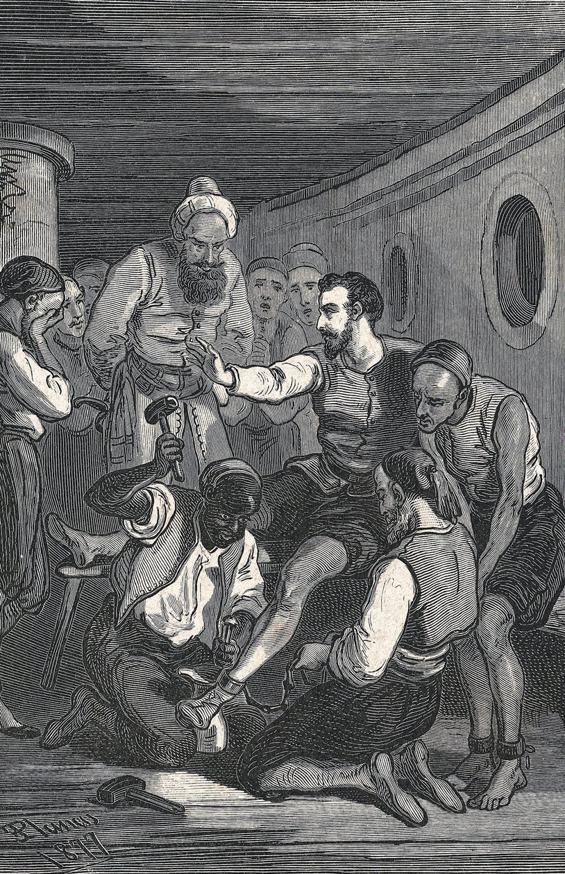 Trinidadilaiset Fray Juan Gil ja Fray Anton de la Bella vapauttivat Cervantesin vankeudesta Algerissa vuonna 1580 (kaiverrus). tekijältä Artist Unknown