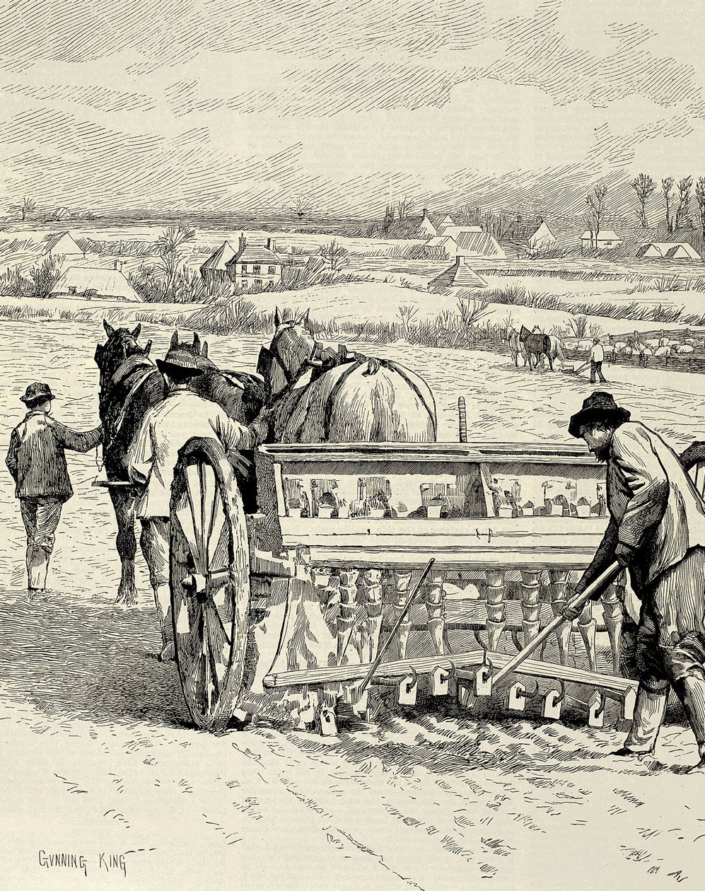 YHDISTYNYT KUNINGASKUNTA. ENGLANTI. Teollinen vallankumous. Jethro Tull keksi porakoneen. Ohran kylvö helmikuussa. Gunning Kingin piirros, joka on julkaistu The Illustrated London News -lehdessä. Kaiverrus. tekijältä Artist Unknown