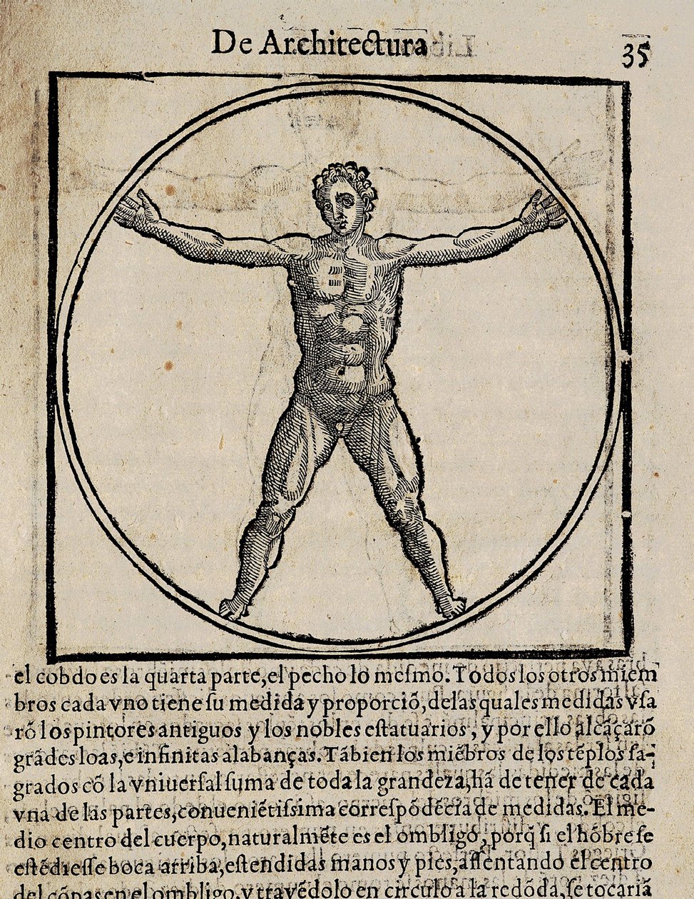 VITRUVIUS, Marcus Vitrubius Pollio (1. vuosisata eKr.). "De Architectura" (Arkkitehtuurista), jonka Miguel de Urrea on kääntänyt espanjaksi. Toimittanut Alcala de Henaresissa Juan Gracian (1582). Sivun 35 kuvitus, jossa on ihmiskehon kaanon. Ksylografia tekijältä Artist Unknown