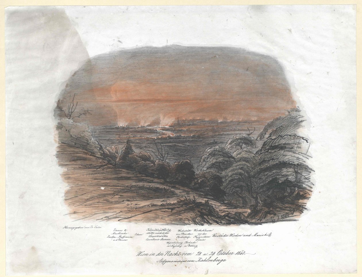 Wienin yöllä 28. ja 29. päivä. Lokakuu 1848. ennätys Kahlenberge (huippu) tekijältä Artist Unknown
