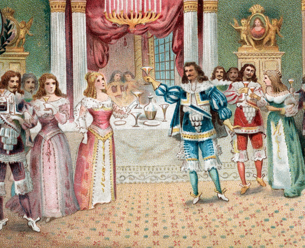 Violetta juhlissa vanhan suojelijansa paroni Doupholin kanssa, I näytöksen kohtaus 2 Giuseppe Verdin oopperasta La Traviata. tekijältä Artist Unknown