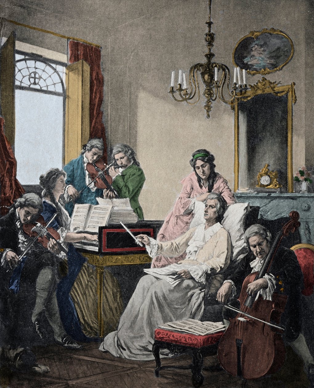 Wolfgang Amadeus Mozart (1756-1791) kuolemaisillaan, johtaa soittajajoukkoa juuri valmistuneeseen Requieminsä (Mozart (1756-1791) viimeisinä päivinään johtaa soittajajoukkoa Requieminsä soittoa varten). tekijältä Artist Unknown