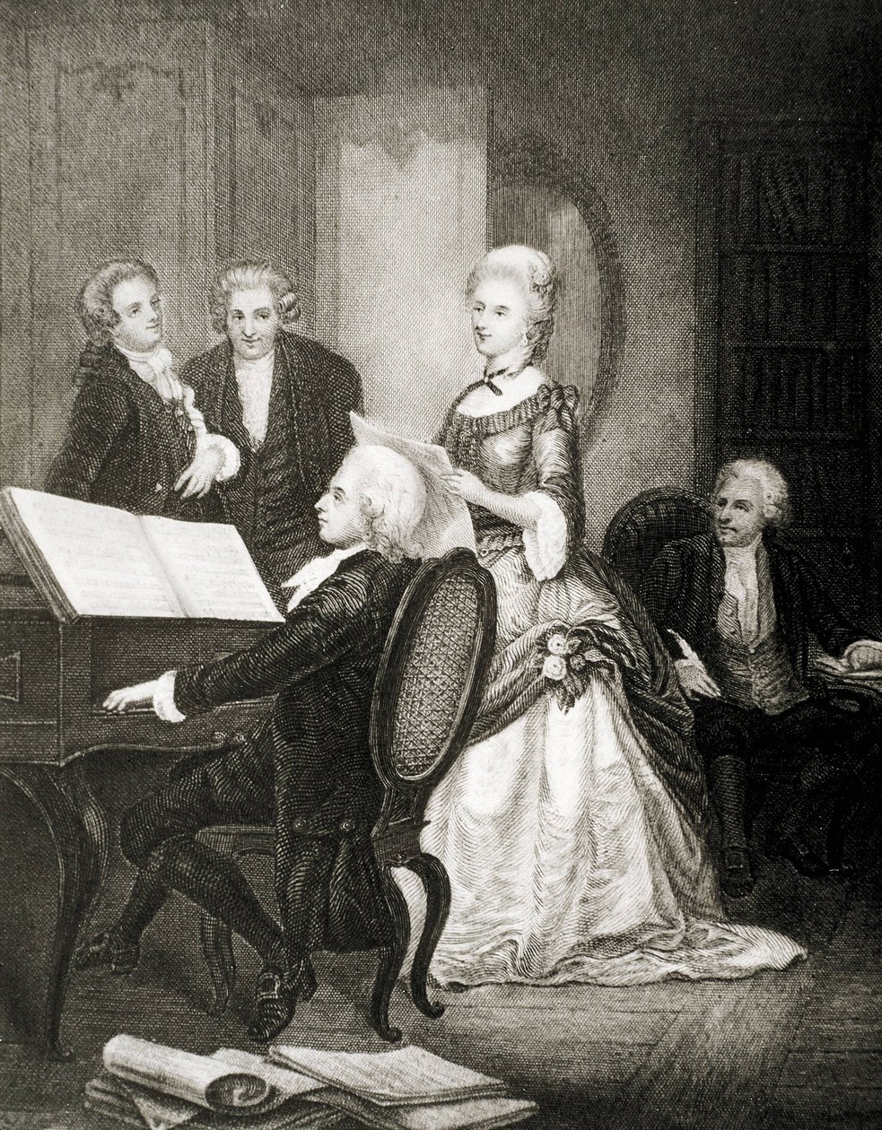 Wolfgang Amadeus Mozart säestää pianolla sopraano Caterina Cavalieria. tekijältä Artist Unknown