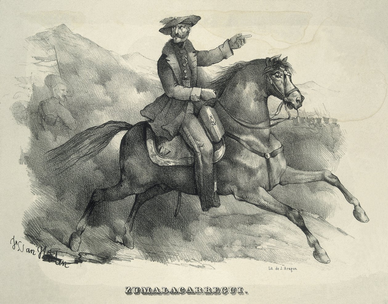 ZUMALACARREGUI, Tomas (1788-1835). Karlistien kenraali. Espanja. Ensimmäinen karlistisota. Zumalacarregui ratsastaa hevosen selässä. Kaiverrus. tekijältä Artist Unknown