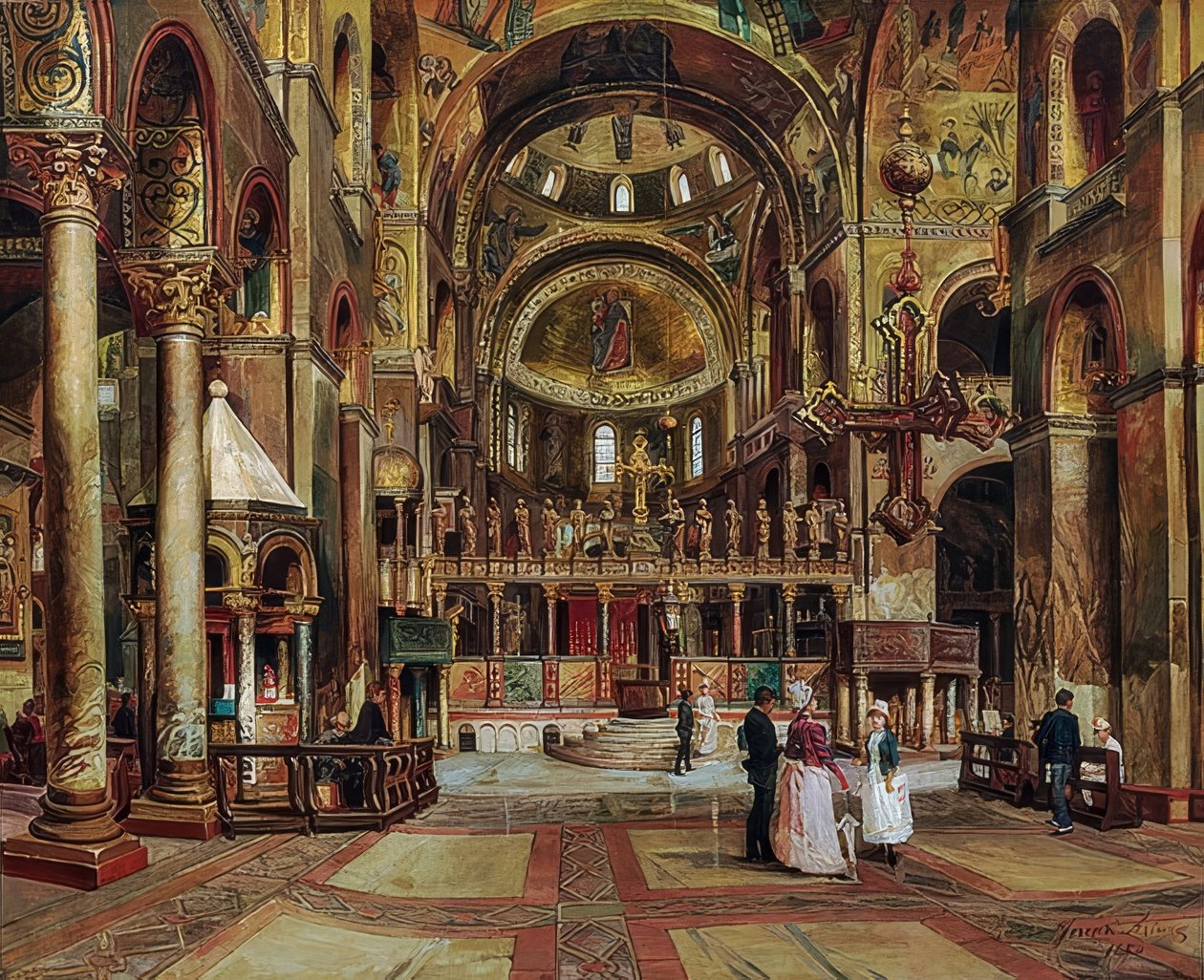 Basilica di San Marcon sisällä, Venetsiassa. 1886 tekijältä Arturo Ferrari