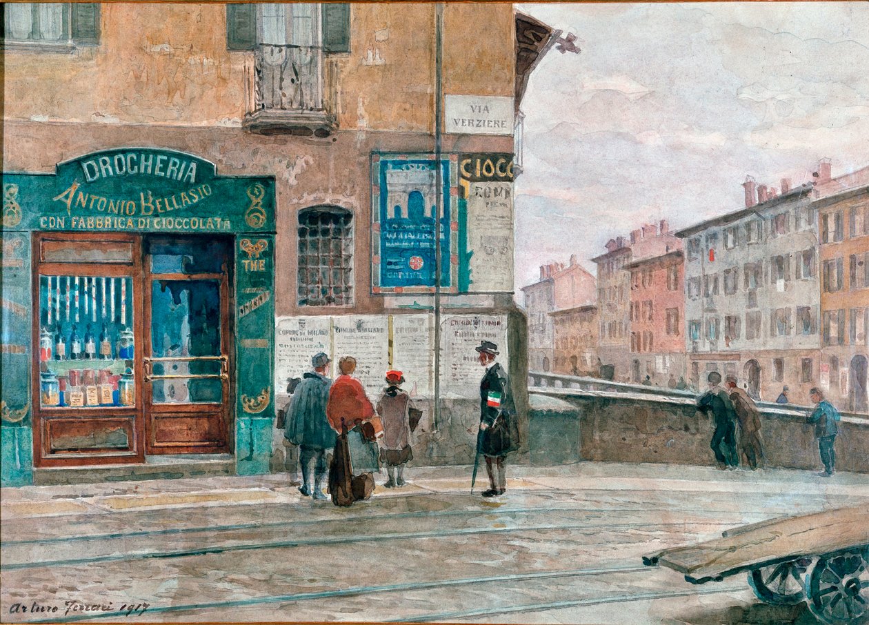 Milano, näkymä Porta Vittorian sillalta (Verziere) Arturo Ferrarin (1861-1932) akvarelli 1917 Milano, Milanon museo tekijältä Arturo Ferrari
