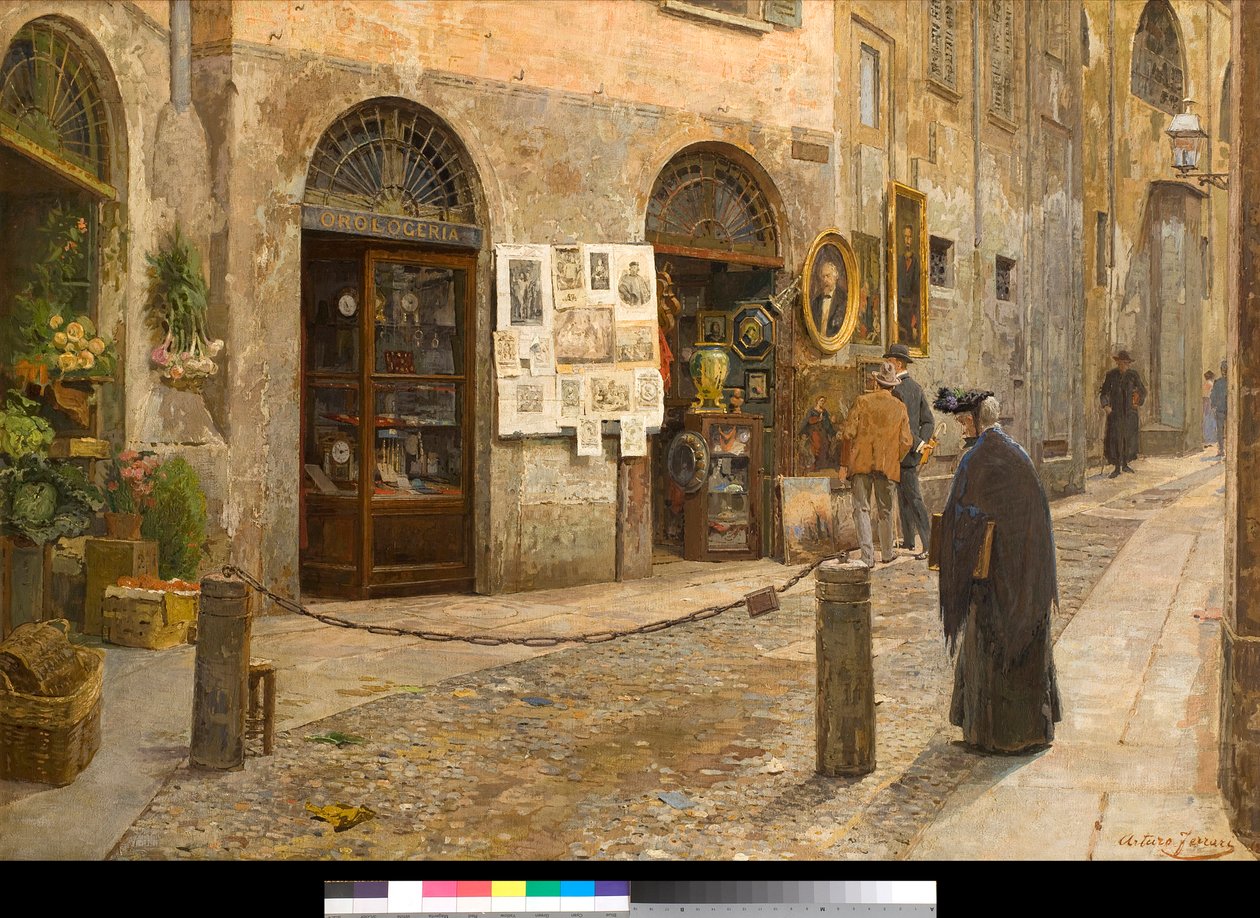 Näkymä Via San Bernardinolle Milanossa Italiassa Arturo Ferrarin (1861-1932) maalaus 1912 Yksityiskokoelma tekijältä Arturo Ferrari