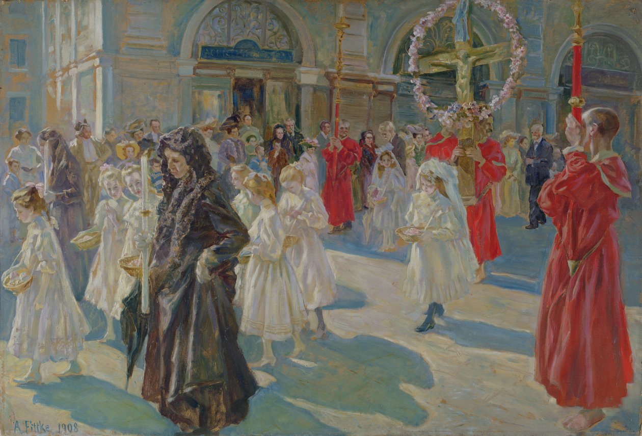 Corpus Christin kulkue Piazza Grandella Triestessä, 1908 tekijältä Arturo Fittke