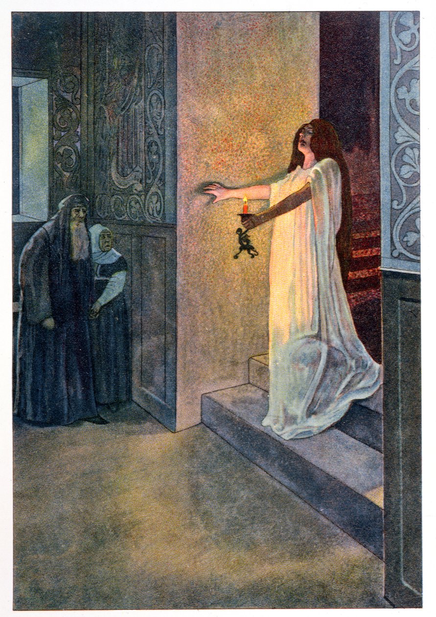 Lady Macbeth Sleepwalking, kuvitus William Shakespearen (1564-1616) "Macbethista" n. 1900 tekijältä Artus Scheiner