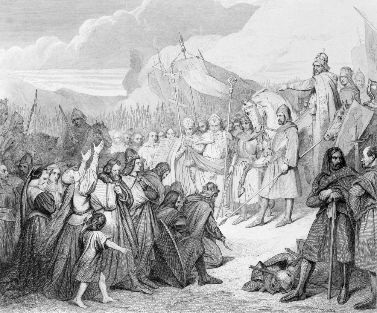 Charlemagne vastaanottaa Witikindin antautumisen (sic) Paderbornissa vuonna 785, kaivertanut Joubert tekijältä Ary Scheffer