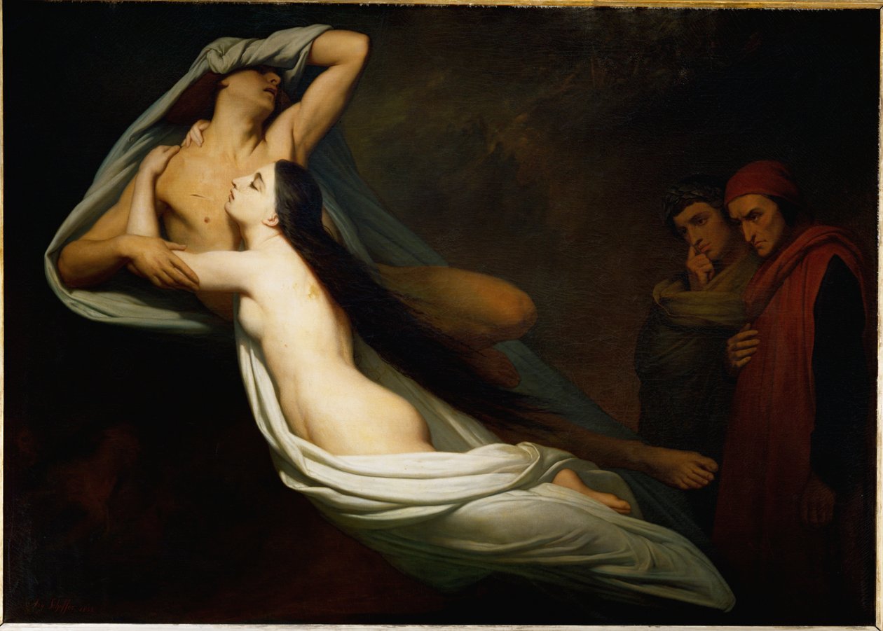 Francesca da Riminin ja Paolo Malatestan varjot ilmestyvät Danten ja Vergiliuksen ... tekijältä Ary Scheffer