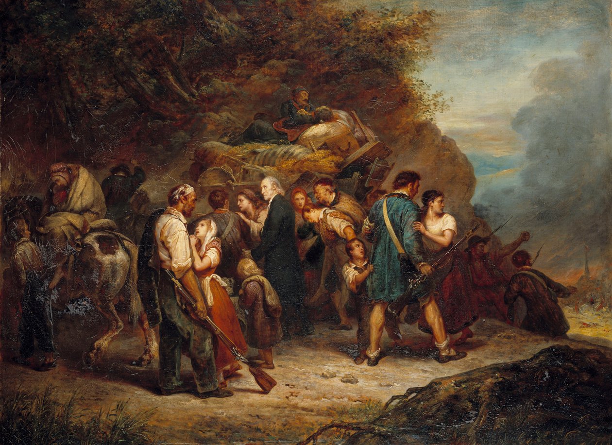 Elsassin protestanttinen pastori Jean Frederic Oberlin (1740-1826) ja Alsace Lorraine (Alsace-Lorraine) kalvinistit, joita venäläiset metsästivät vuonna 1814. Ary Schefferin maalaus (1795-1858) 1814 Paris, Musee du Protestantisme tekijältä Ary Scheffer