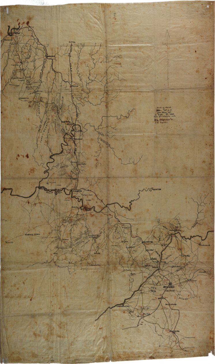 Käsikirjoitus sisällissodan kartta kenraali Shermanin Atlanta-kampanjasta, n. 1864 tekijältä Asbury L. and Snell, J.P. Stevens