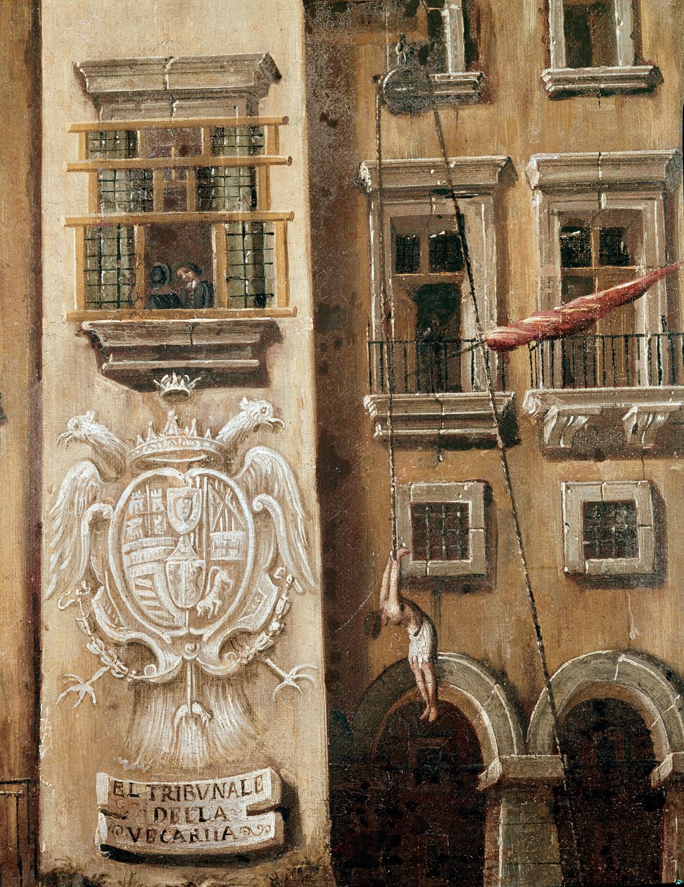 Vicarian hovin paikka Napolissa Masaniellon vallankumouksen aikana - Yksityiskohta, joka kuvaa miestä roikkumassa palatsin sisäänkäynnin edessä - Ascanio Lucianin (n. 1621-1706) maalaus Napoli, Museo Nazionale di San Martino tekijältä Ascanio Luciani