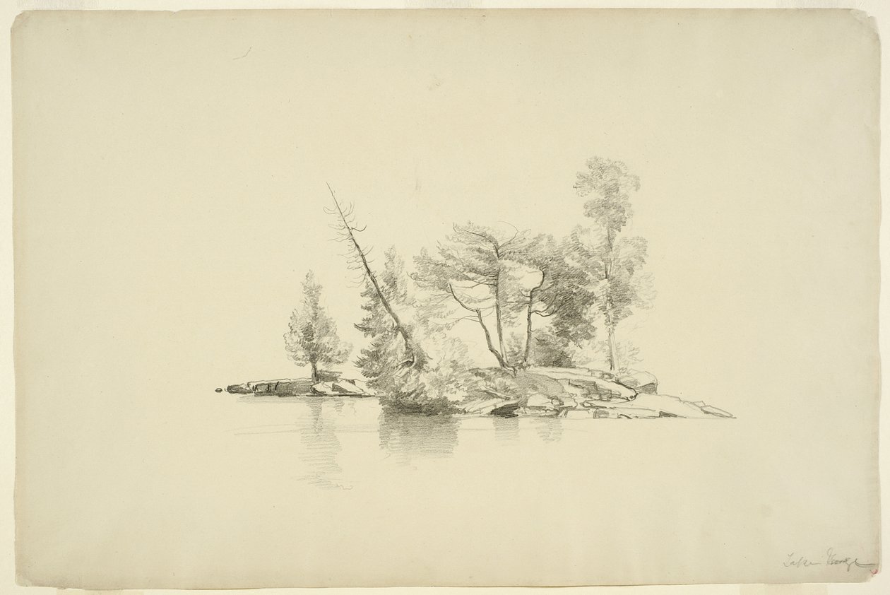 Saari pienten puiden kanssa, Lake George, New York, 1862 (grafiittia paperille kiinnitettynä korttiin) tekijältä Asher Brown Durand
