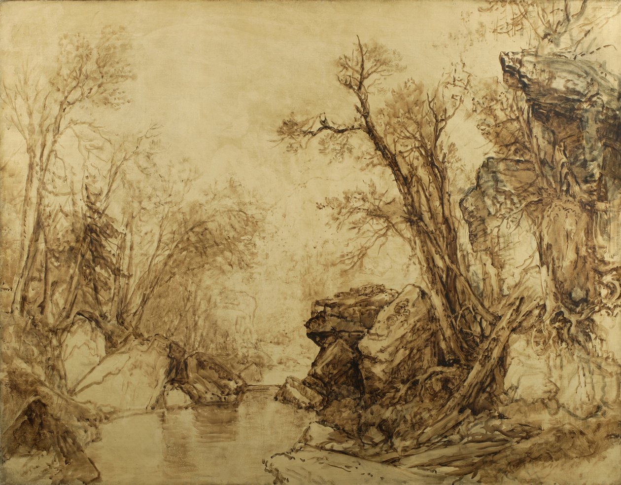 Seepiamaisema: Trees with Brook, 1854 (seepiaöljy kankaalle) tekijältä Asher Brown Durand