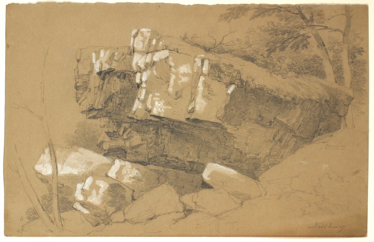 Study of Rocks, Newburgh, New York, 1849 (grafiitti ja valkoinen guassi ruskealle paperille) tekijältä Asher Brown Durand