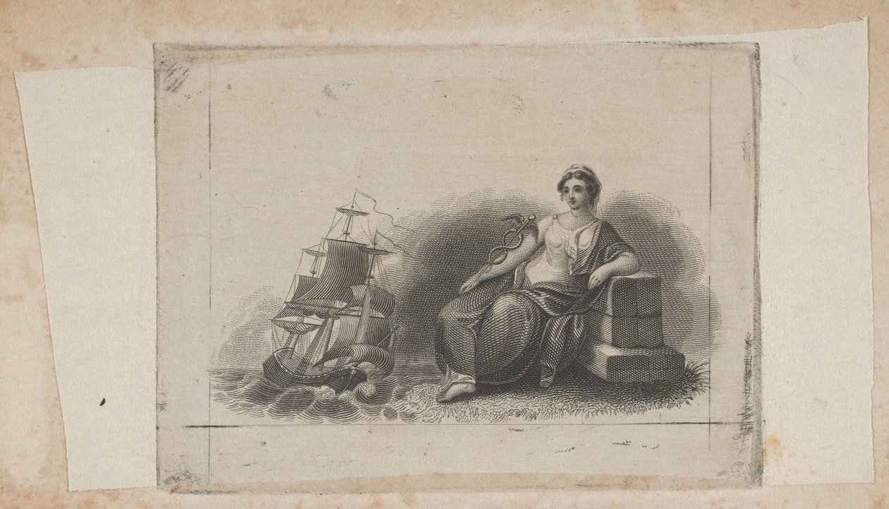 Setelivinjetti, jossa on merikauppaa edustava naishahmo, n. 1824-37. tekijältä Asher Brown Durand.
