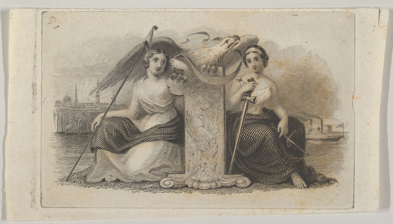 Setelivinjetti, jossa naishahmot edustavat Liberty and Justicea, n. 1824-37. tekijältä Asher Brown Durand.