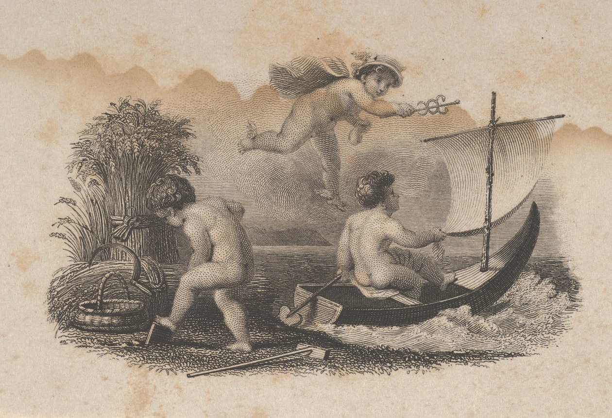 Setelivinjetti, jossa on kolme kauppaa ja maataloutta symboloivaa puttia, n. 1824-37. tekijältä Asher Brown Durand.