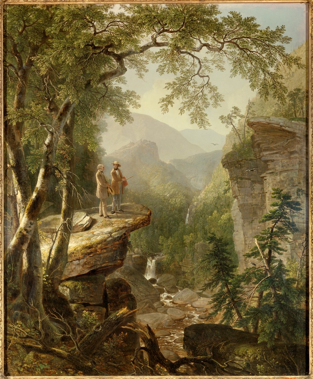 Hengen veljeskunta Taidemaalari Thomas Cole (1801-1848) ja runoilija William Cullen Bryant (1794-1878) ovat vuorovaikutuksessa romanttisessa maisemassa. Asher Durandin (1796-1886) maalaus 1849 Yksityinen kokoelma - Kindred Spirits. Hudson-joen suuri taitei tekijältä Asher Brown Durand