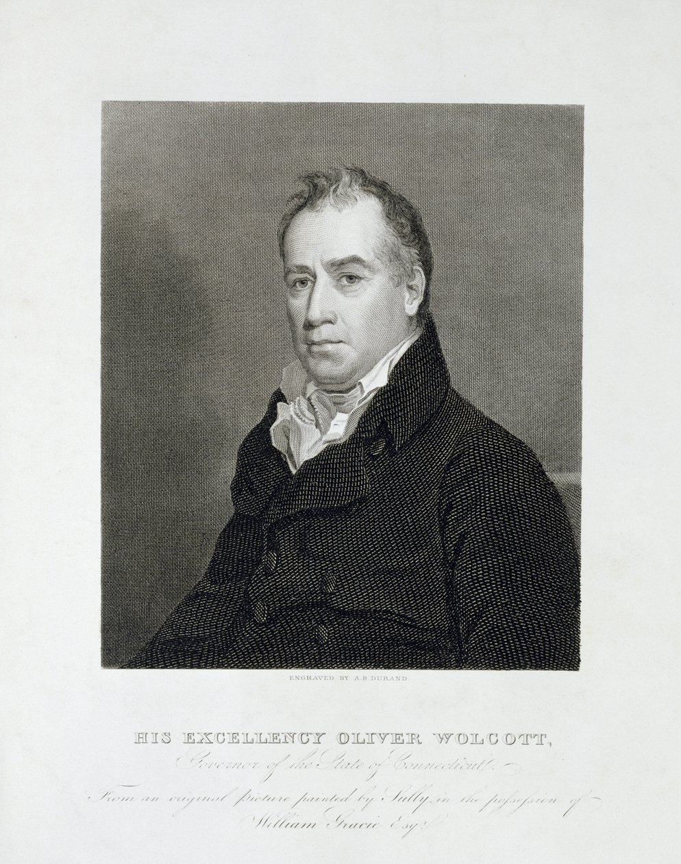 Hänen ylhäisyytensä Oliver Wolcott, Connecticutin osavaltion kuvernööri, n. 1820 (viivakaiverrus) tekijältä Asher Brown Durand