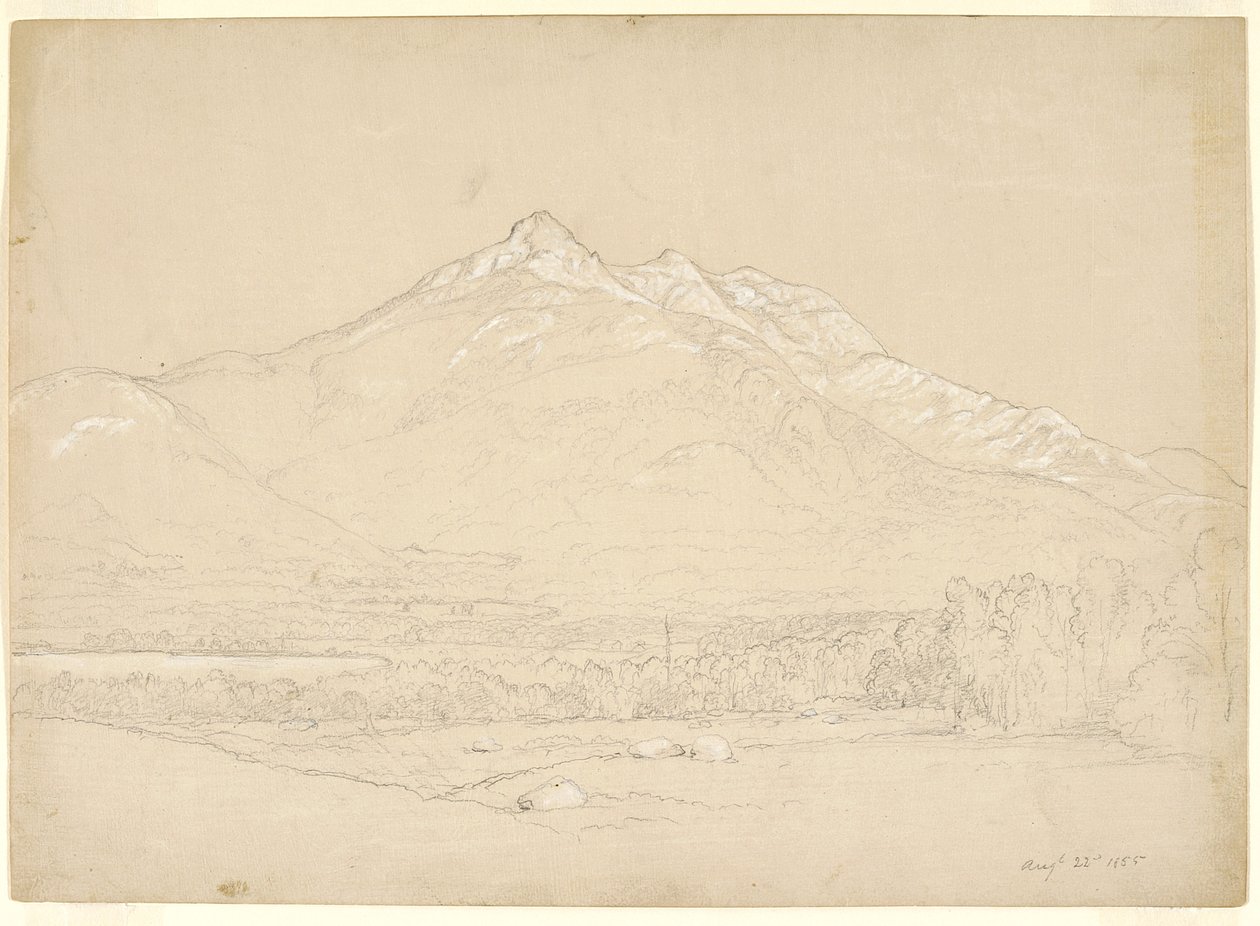 Mount Chocorua, New Hampshire, 1855 (grafiitti ja valkoinen guassi valmistetulla beigellä paperilla) tekijältä Asher Brown Durand