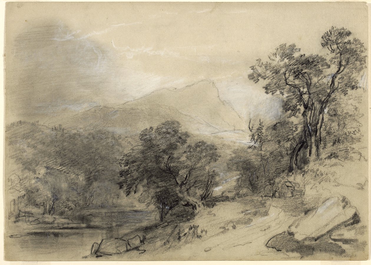 Tutkimus maisemakoostumuksesta: Catskillsissa, 1848 (grafiittia, valkoista liitua, puuhiiltä ja valkoista guassiväriä, raapiminen ja tummuminen khakipaperille) tekijältä Asher Brown Durand