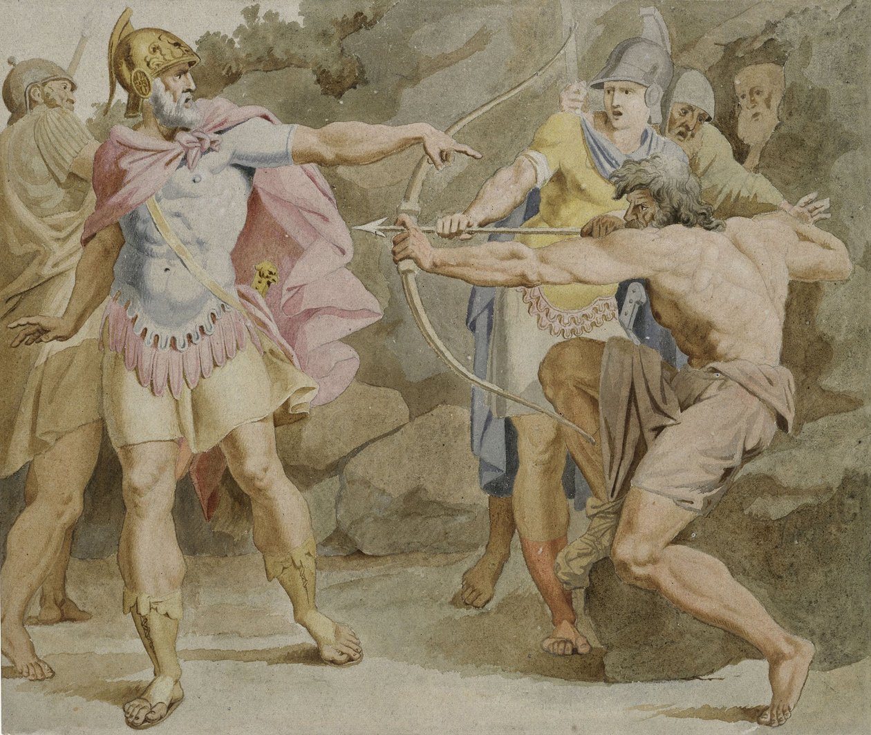Philoctetes, joka tähtää Herculesin keulaan Odysseukseen tekijältä Asmus Jakob Carstens